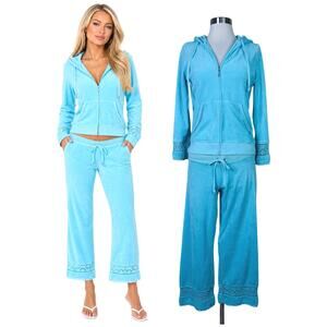 Juicy Couture | Y2K Vintage Turquoise Blue Terry Cloth Crochet Tracksuit Set
